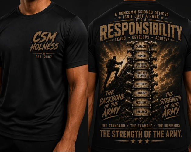 Custom black t-shirt with an embroidered-style CSM design on front and back